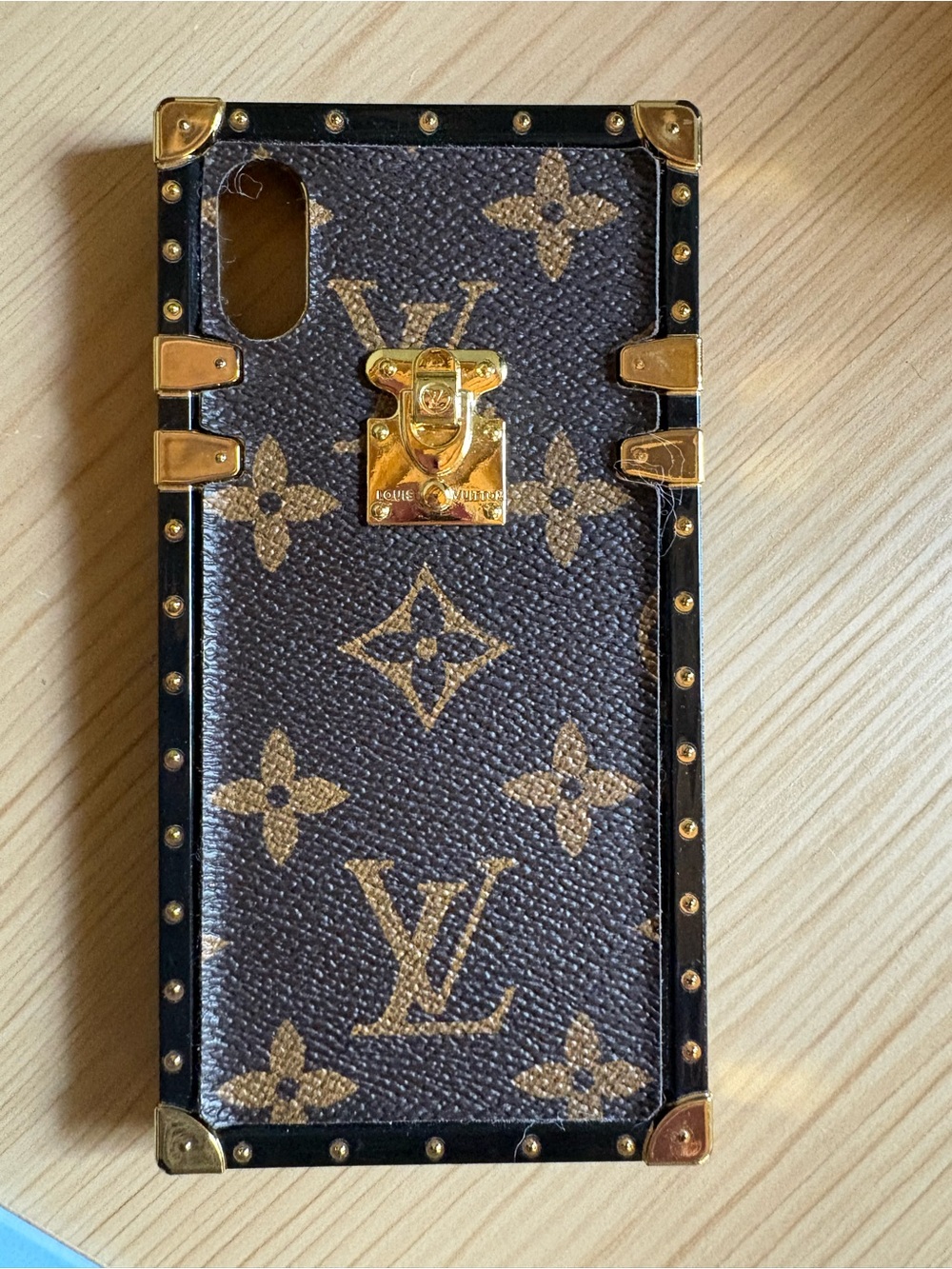 Designer Looking LV Monogram Trunk-Style Phone Case with Gold Hardware